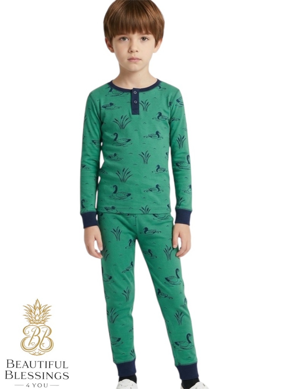 The Beaufort Bonnet Company Green Duck Print Kids Pajamas with Navy Trim - Boy